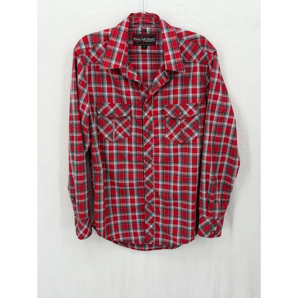 Rock & Roll Cowboy Shirt Mens Medium Red Plaid Pearl Snap Western Country Rodeo